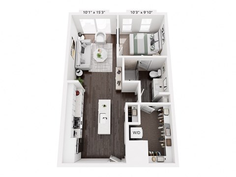 Floor plan for 1 bed, 1 bath, 688 sqft